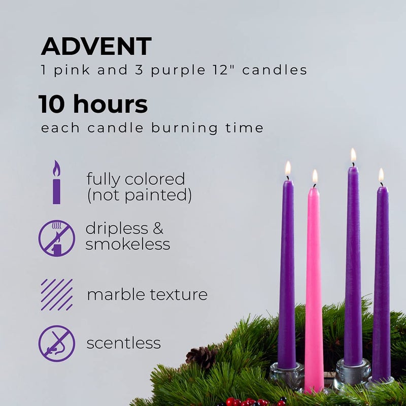 CANDWAX 12 inch Taper Advent Candles 1 Set - Dripless Taper Candles and Unscented Candlesticks - Long Burning Tapered Candles Perfect as Advent Wreath Candles Tapers - Purple Advent Candles - Image 2